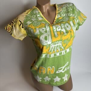 Y2K Graphic Print Mixed Sleeve Colorblock Tee Shirt 2000s Streetwear Pop Art M